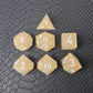 Beige sharp-edge resin dice set with glitters and white numbers