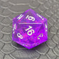 A D20 sharp-edge purple resin dice and silver numbering, displayed on a black scale-textured surface.