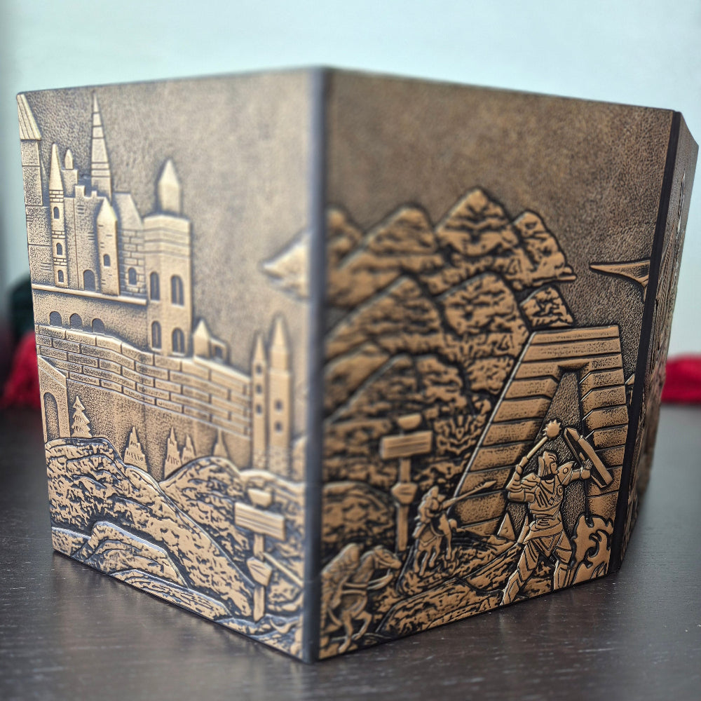 Foldable four-panel Dungeon Master screen with embossed fantasy scenes and included felt sleeve, displayed on a dark tabletop.